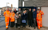 Port Glasgow Train Station Access for All opening. Pictured are representatives from Network Rail, ScotRail, Inverclyde Council, and Angela, Andrew and Jacqueline Hurrell, and Sylvia MacLeod.